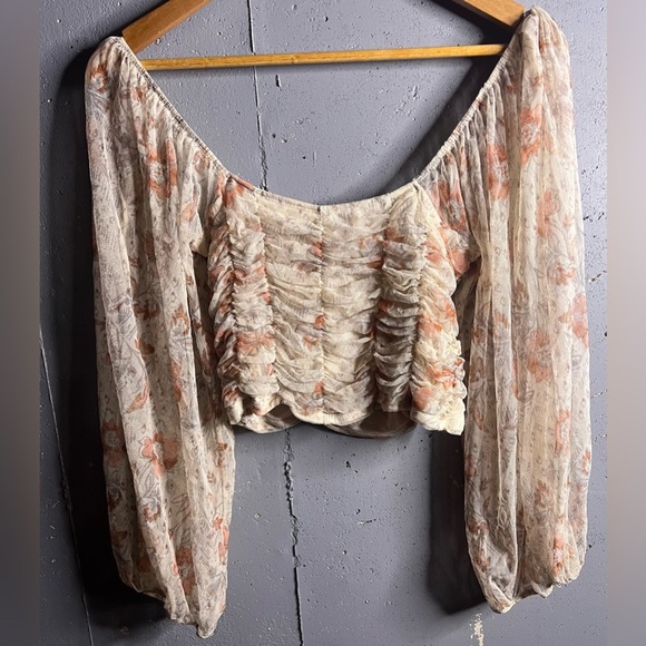 Free People Lilia Ruched Cropped Top floral Ivory.  Size Medium - Picture 3 of 9